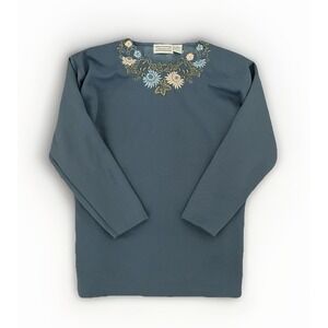 Shenanigans Blue Long Sleeve Top with Embroidered Floral Scalloped Neck
